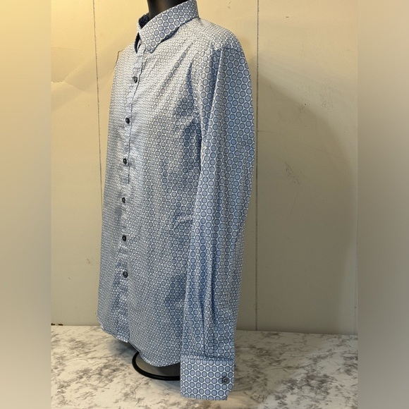 Bugatchi Men Shaped Fit Long Sleeve Button Down Blue Poka Dot Shirt Size Large - Picture 2 of 9